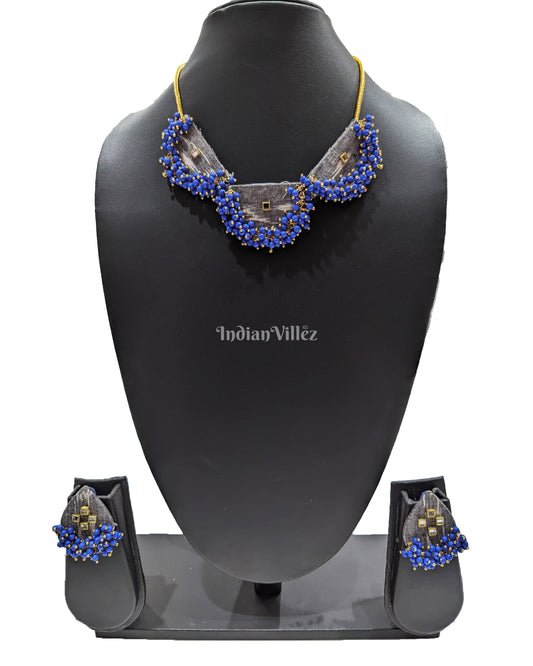 Gray Blue Beads Sambalpuri Fabric Choker Jewellery - Necklace & Earrings Set