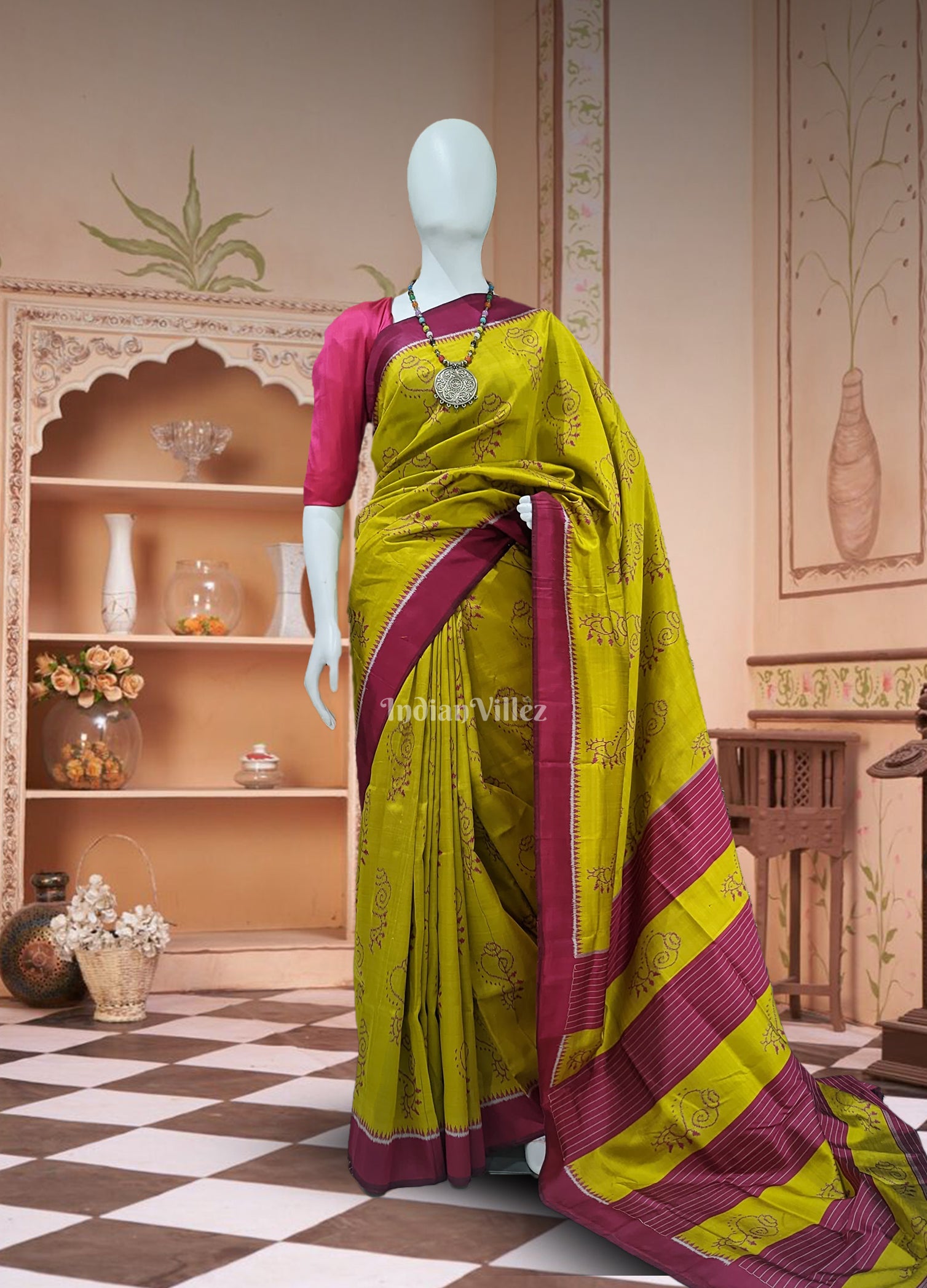 Olive Green Odisha Ikat Shankha Designer Contemporary Silk Saree