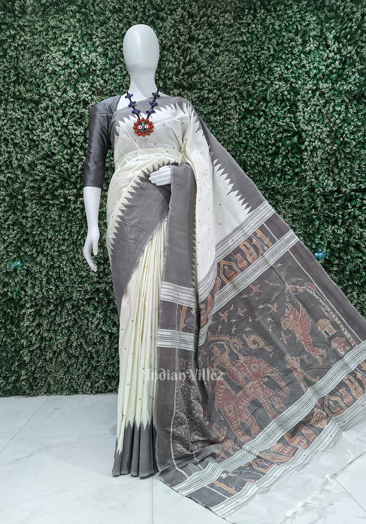 Off White with Silver Zari (Tissue) Phoda Kumbha Sambalpuri Silk Saree