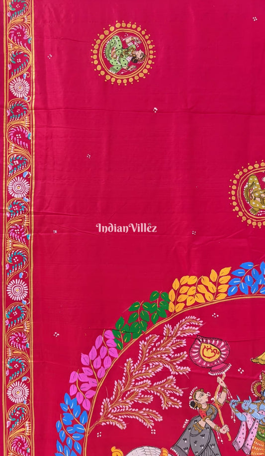 Red Radha Krishna Pattachitra Art Pure Silk Saree