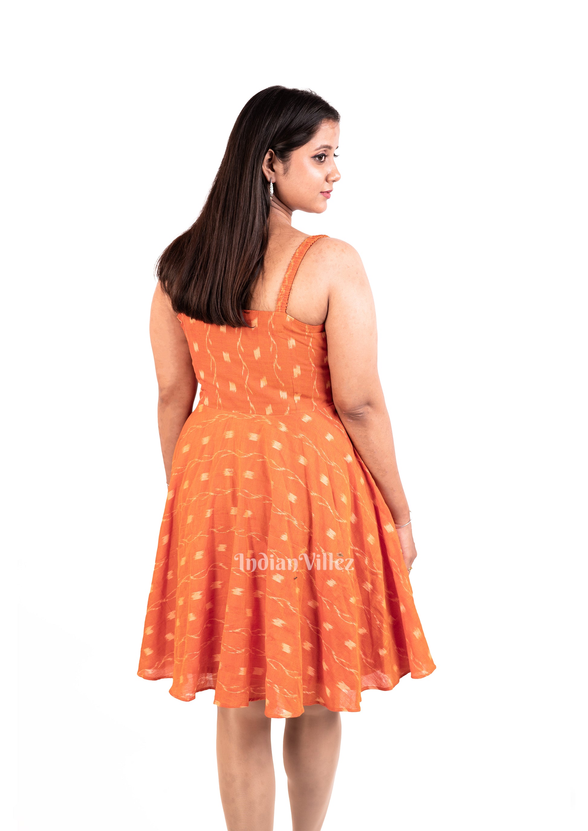 Deep Orange Sambalpuri Odisha Ikat Designer noodle strap frock for Women 