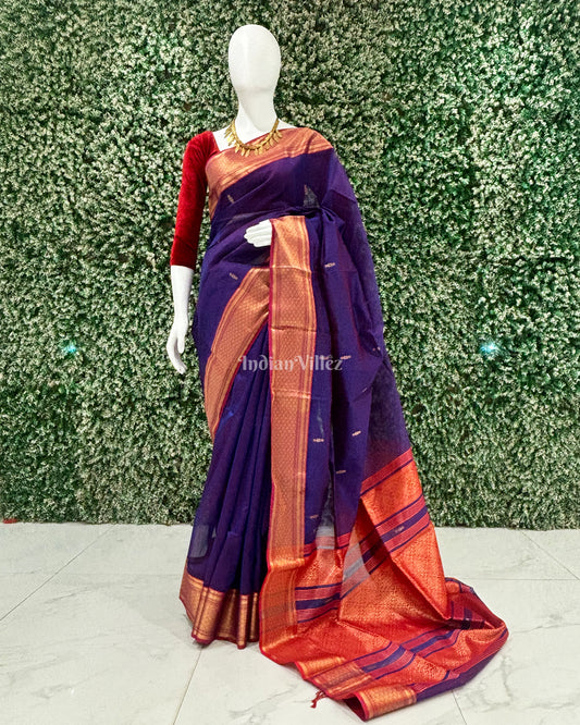 Blue Red Butta Design Pure Silk Cotton Maheshwari Saree with Zari Border