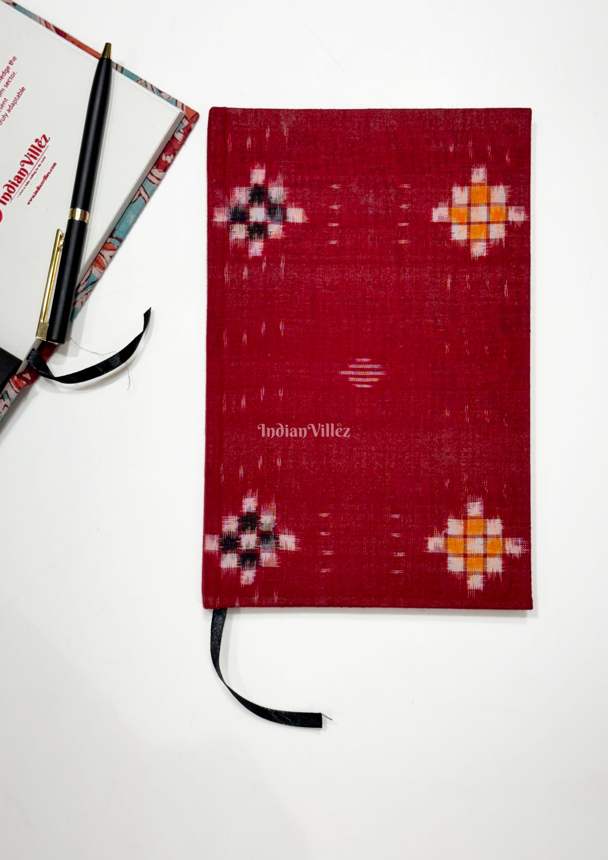 Red Pasapali Theme Handmade Ikat Woven Cotton Fabric Cover Diary