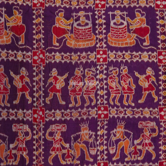 Maroon Tribal Village Theme Sambalpuri Ikat Cotton Fabric