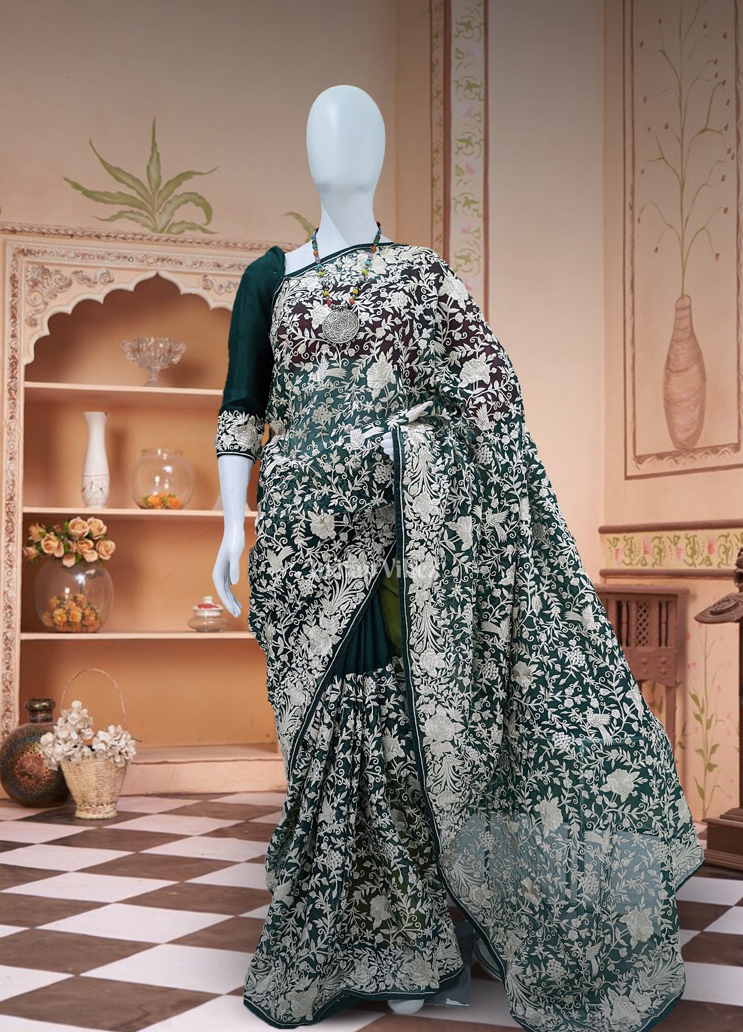 Green Parsi Gara Floral Motif Hand Embroidered Saree