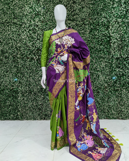 Parrot Green With Violet Raja Theme Hand-Painted Pattachitra Saree