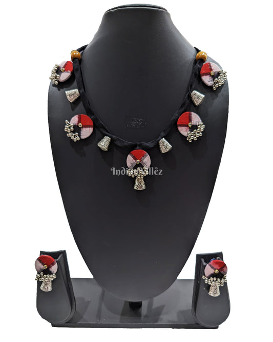 Red Black Coin Shape Traditional Beads Sambalpuri Fabric Choker Jewellery - Necklace & Earrings Set