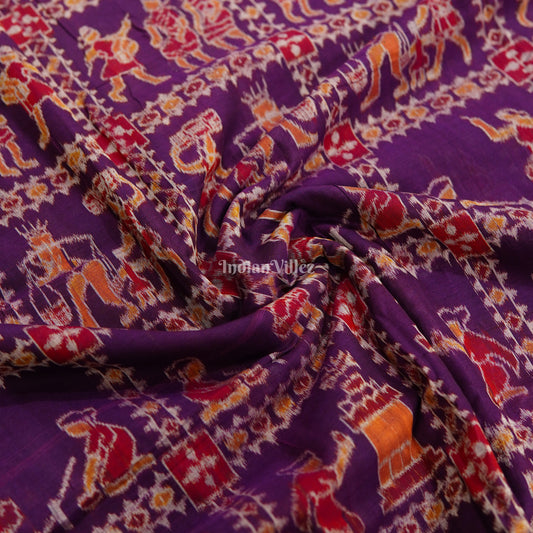 Maroon Tribal Village Theme Sambalpuri Ikat Cotton Fabric