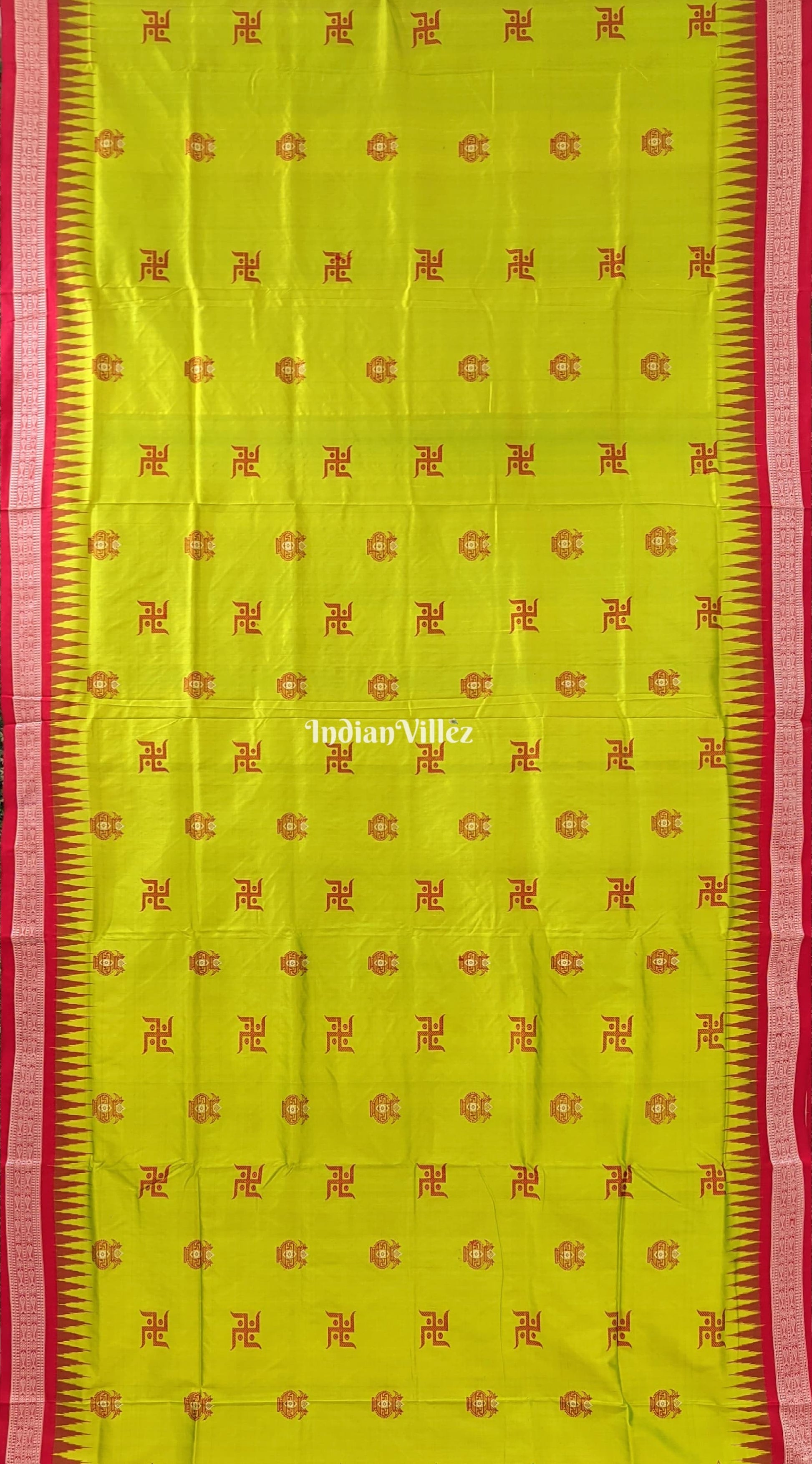 Lime Green & Red Swastik & Kumbha Design Sambalpuri Saree