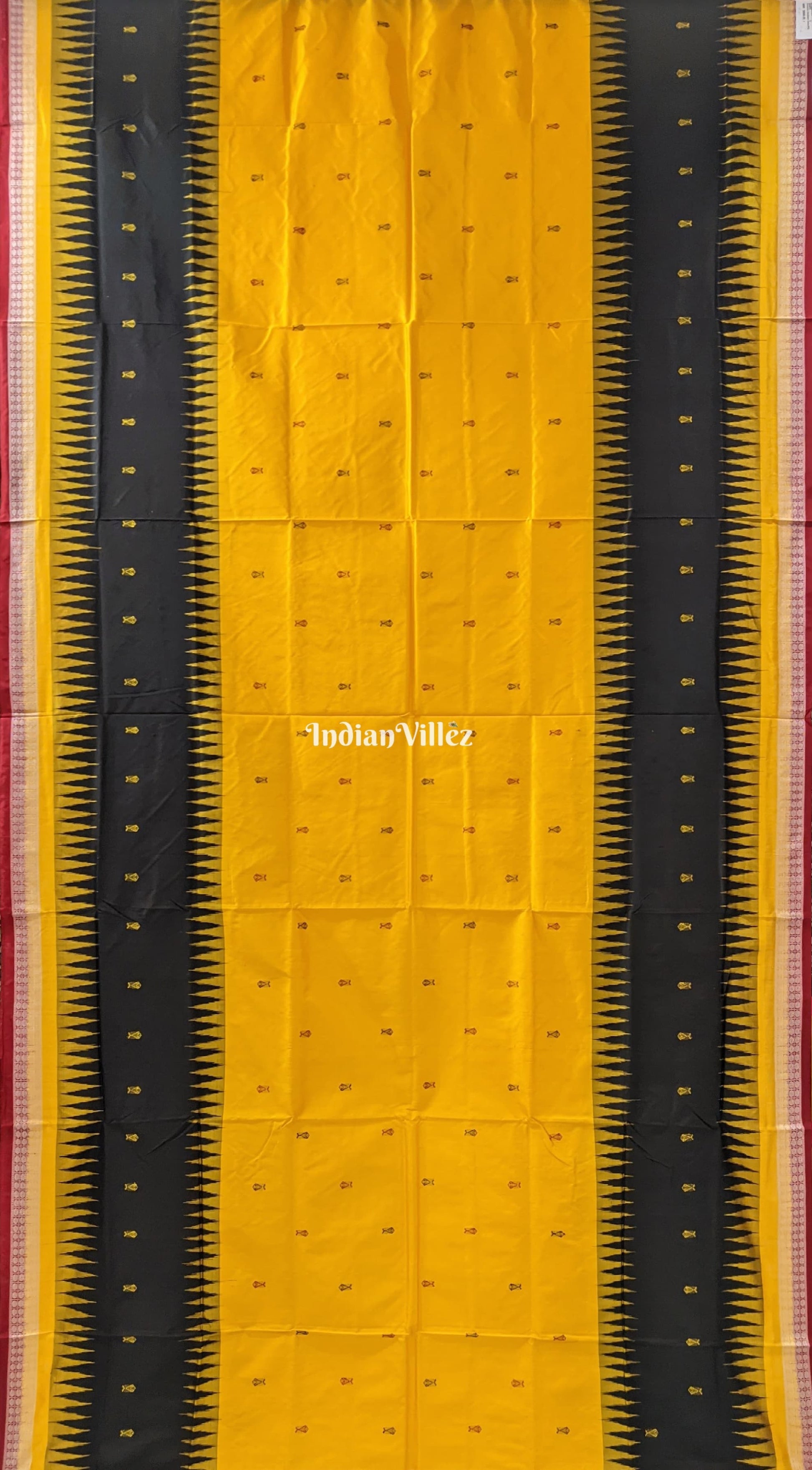 Yellow Black Fish Motif Sambalpuri Bomkai Silk Saree with Nartaki Anchal