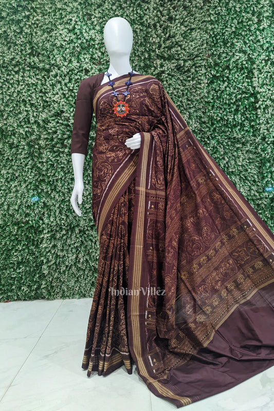 Coffee Brown Natural Dyed Sambalpuri Silk Saree by National Award Winning Weaver