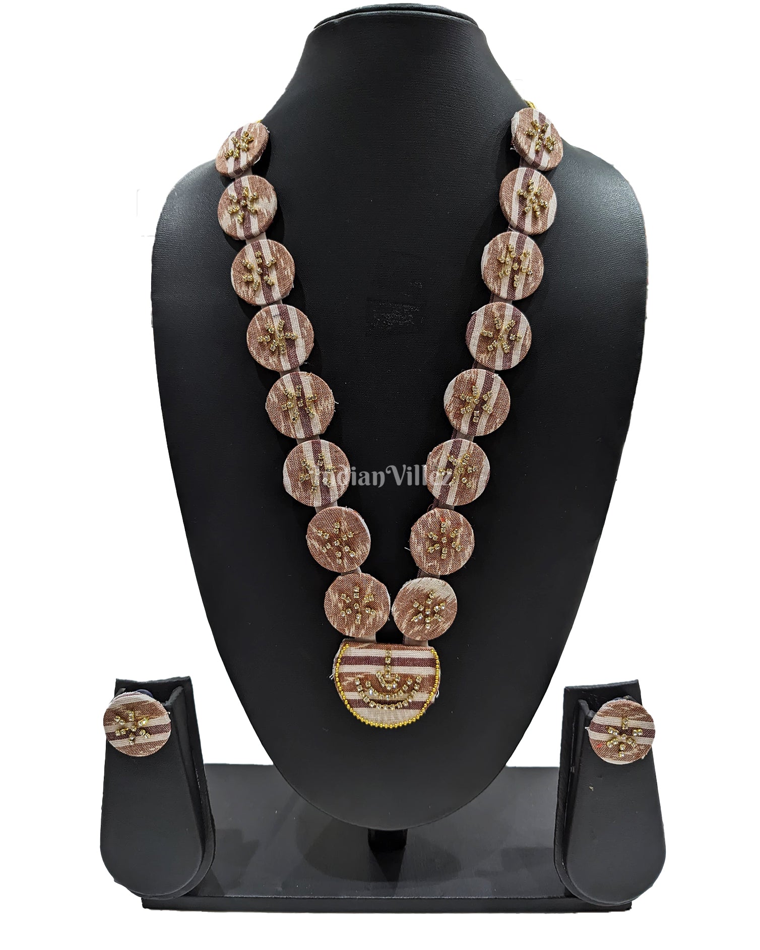 Beige Stone Coin Shape Sambalpuri Fabric Choker Jewellery - Necklace & Earrings Set