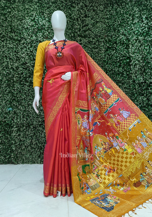 Rani Pink with orange Ramayan Theme Hand-Painted Pattachitra Saree