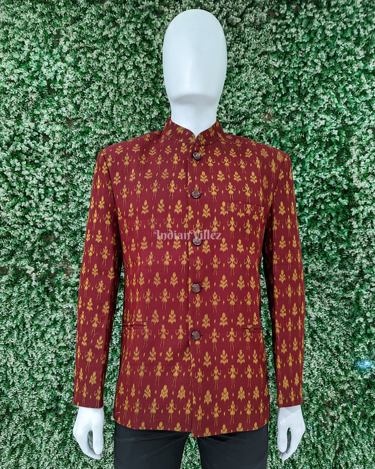 Maroon Jodhpuri bandhgala Odisha Ikat Casual Blazer With Tribal Theme