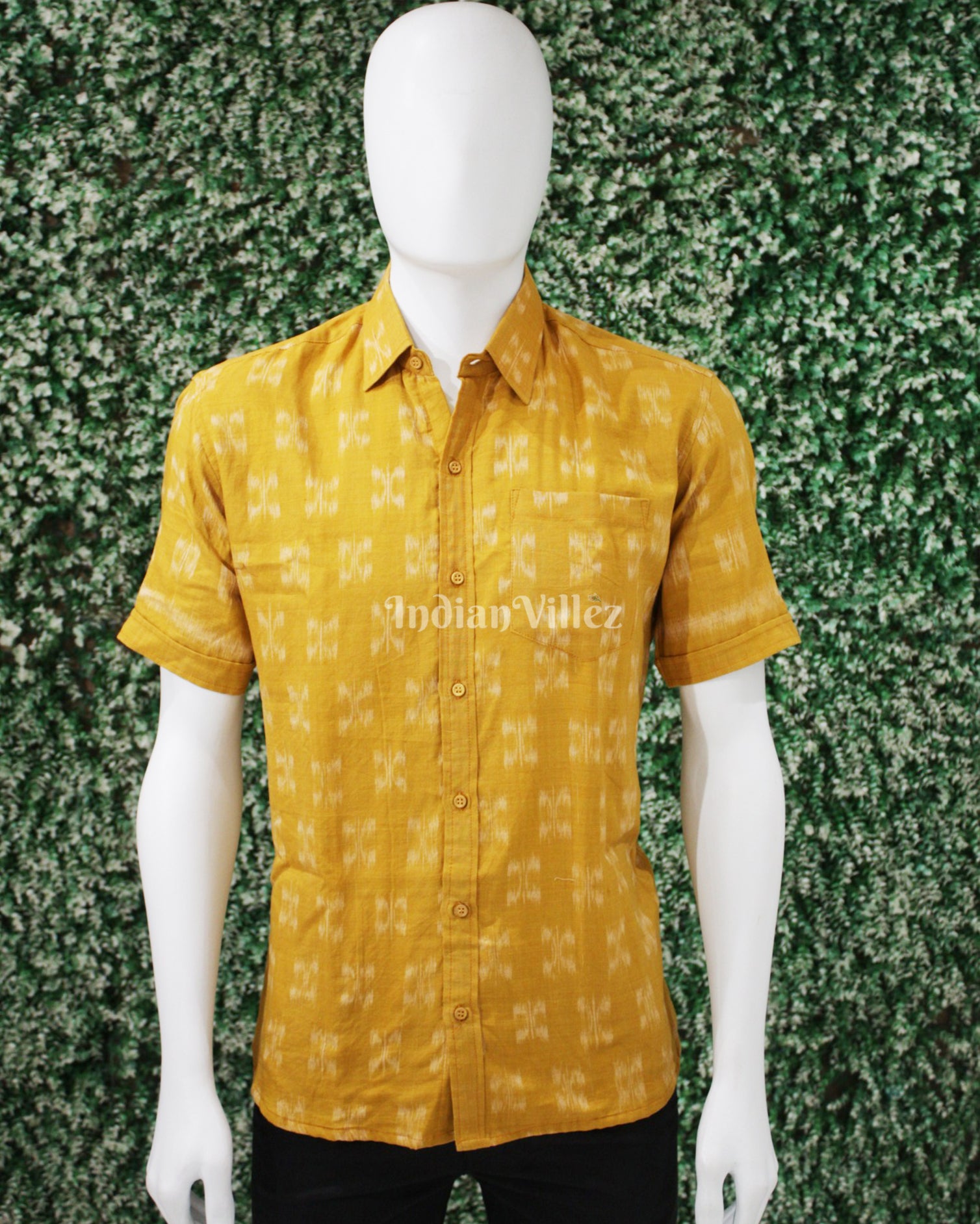 Yellow Odisha Ikat Cotton Half Sleeve Shirt for Men