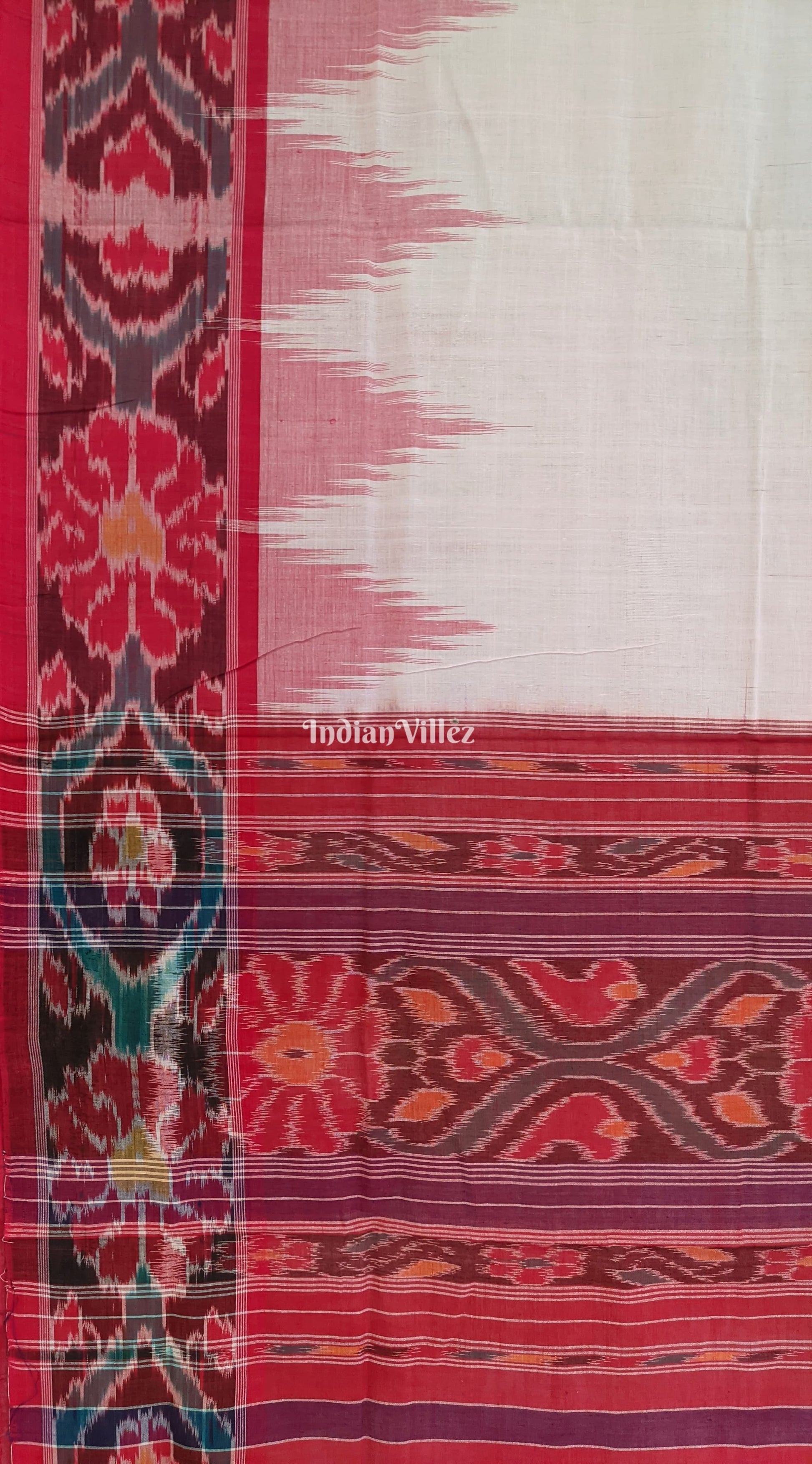 White Red Maniabandha Odisha Ikat Cotton Saree