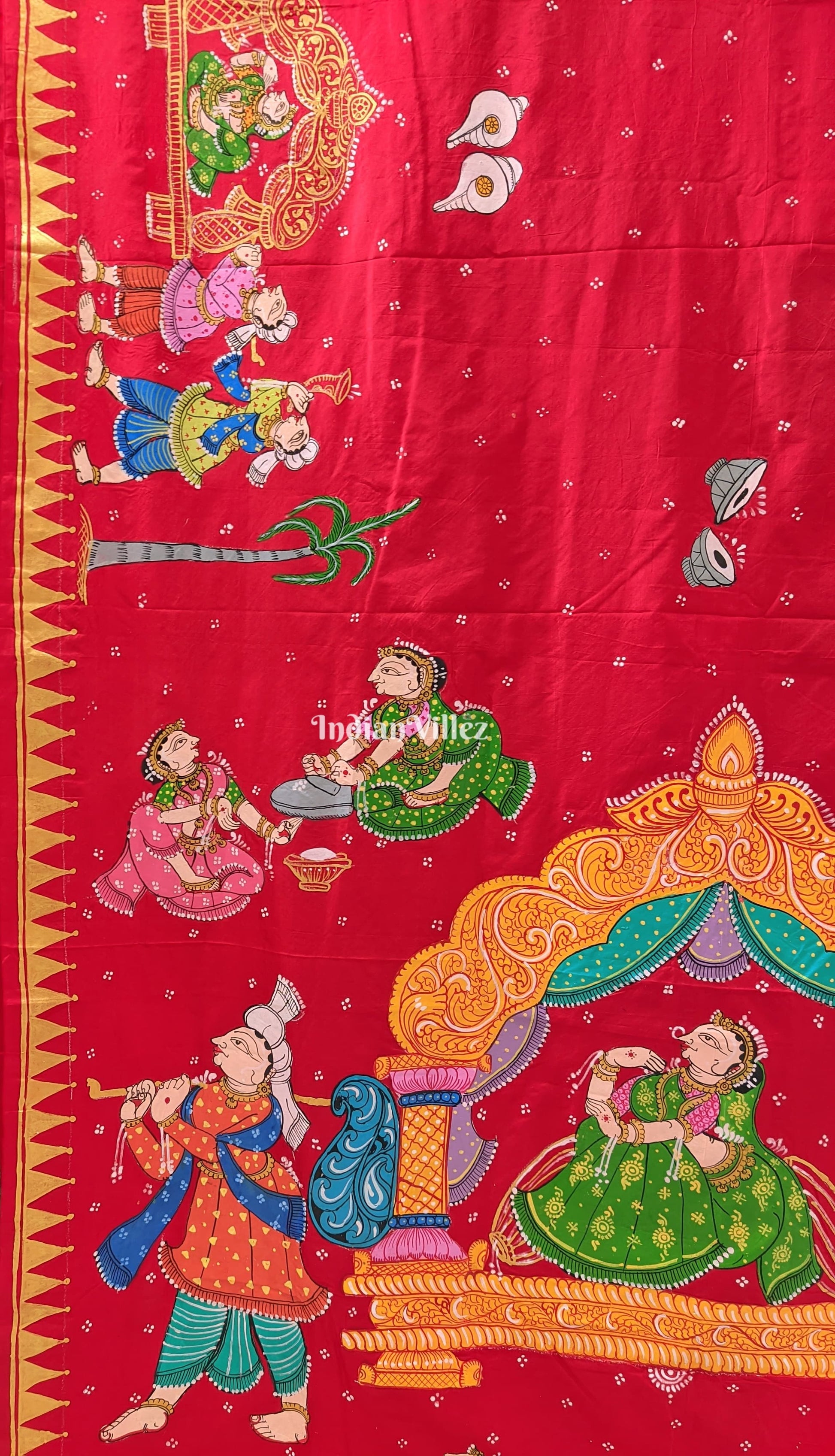 Red Doli Barat Theme Pattachitra Art on Pure Mulberry Silk Saree