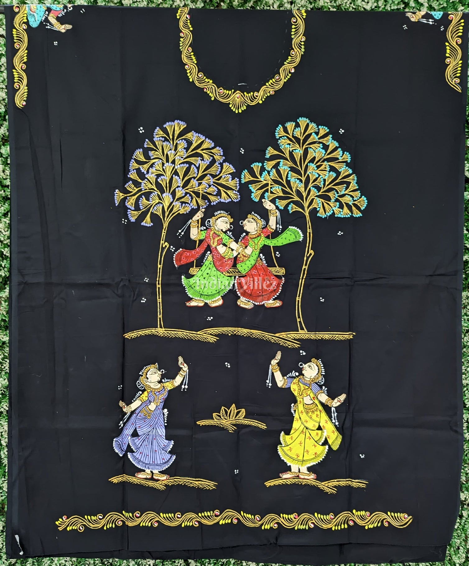 Black Nartaki Theme Pattachitra Kurti Cotton Dress Material 