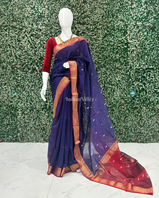 Blue Red Butta Design Maheshwari Handloom Cotton*Silk Saree