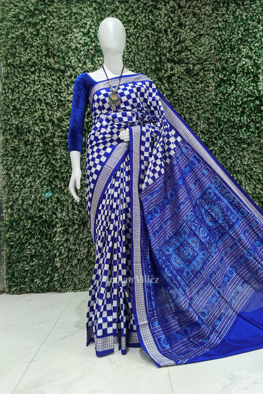 Blue Grey Odisha Ikat Square Motif Sambalpuri Silk Saree