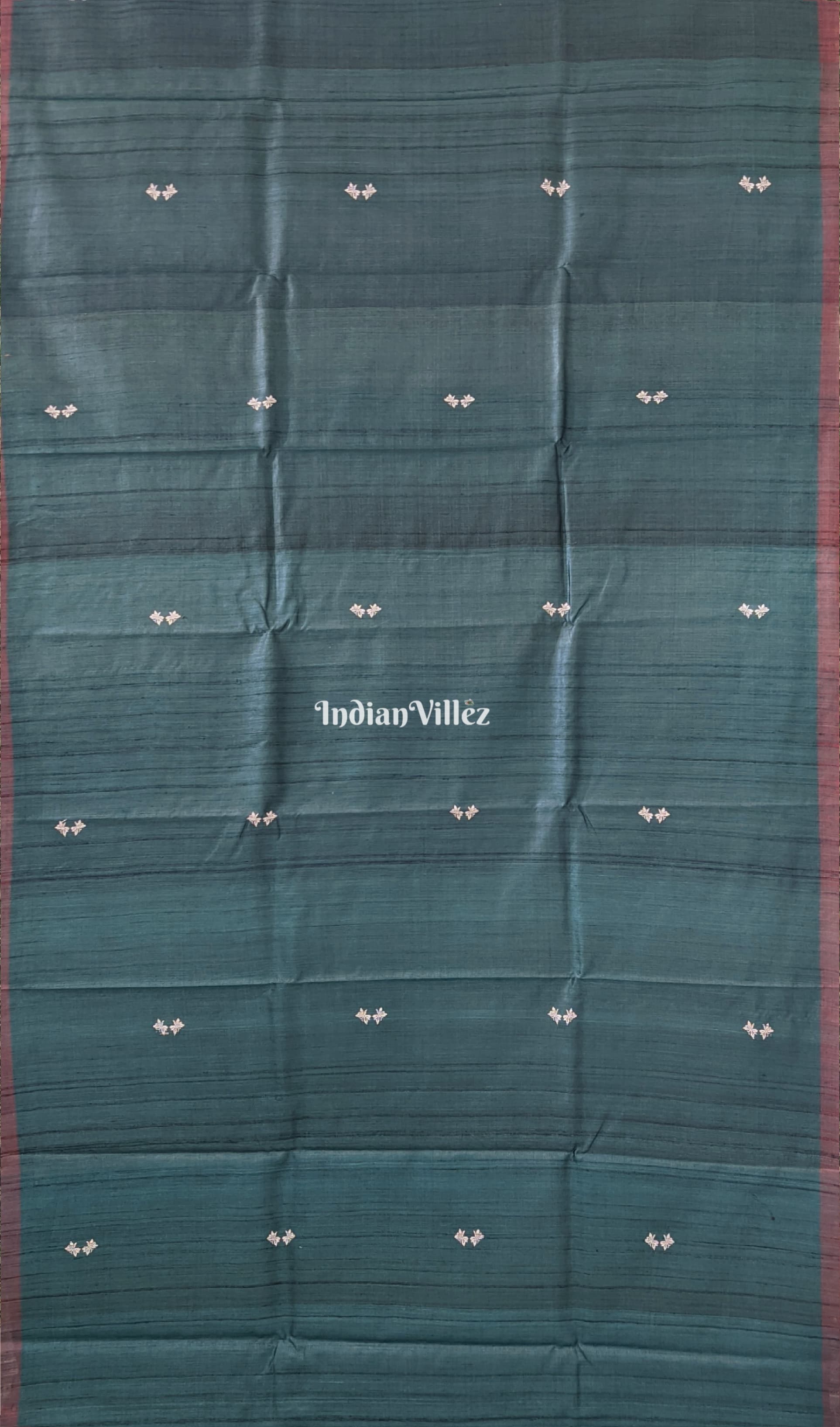 Forest Green Peacock & Floral Motif Gopalpur Tussar Silk Saree