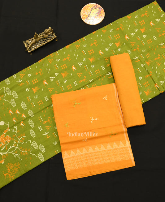 Mehendi Green Yellow Tribal Design  Sambalpuri Cotton Dress set with Dupatta