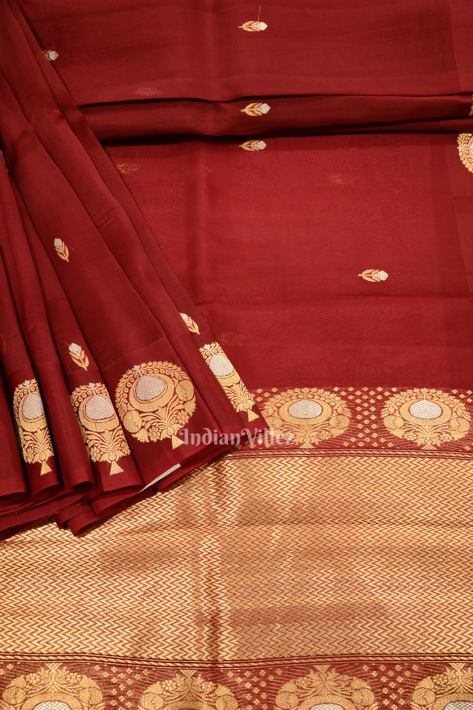 Deep Maroon Banarasi Silk Saree With Floral Handwork