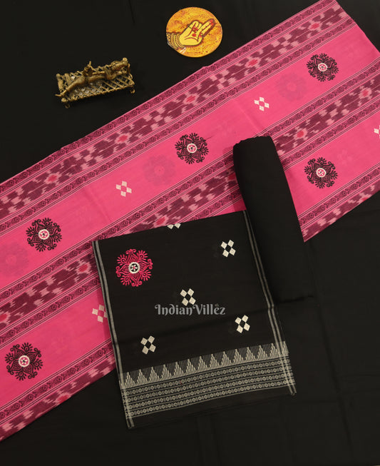 Baby Pink Black Flower Buti Odisha Ikat  Sambalpuri Dress Material & Dupatta