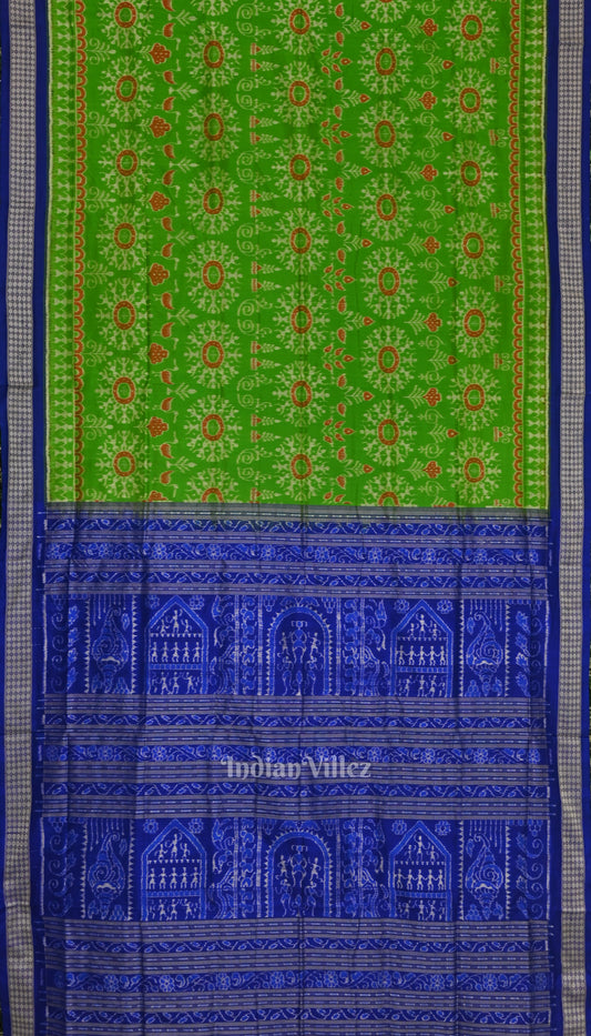 Parrot Green with Peacock Blue Odisha Ikat Sambalpuri Silk Saree