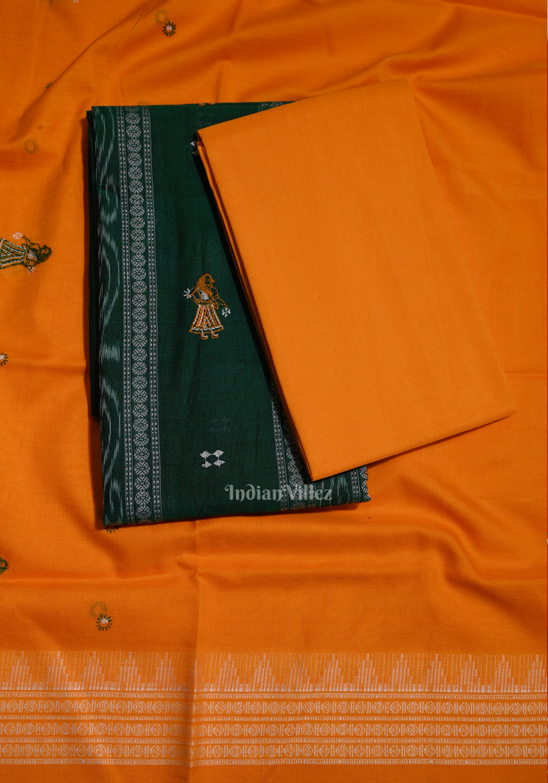 Green Yellow Odisha Ikat Sambalpuri Cotton Dress Materials with Dupatta