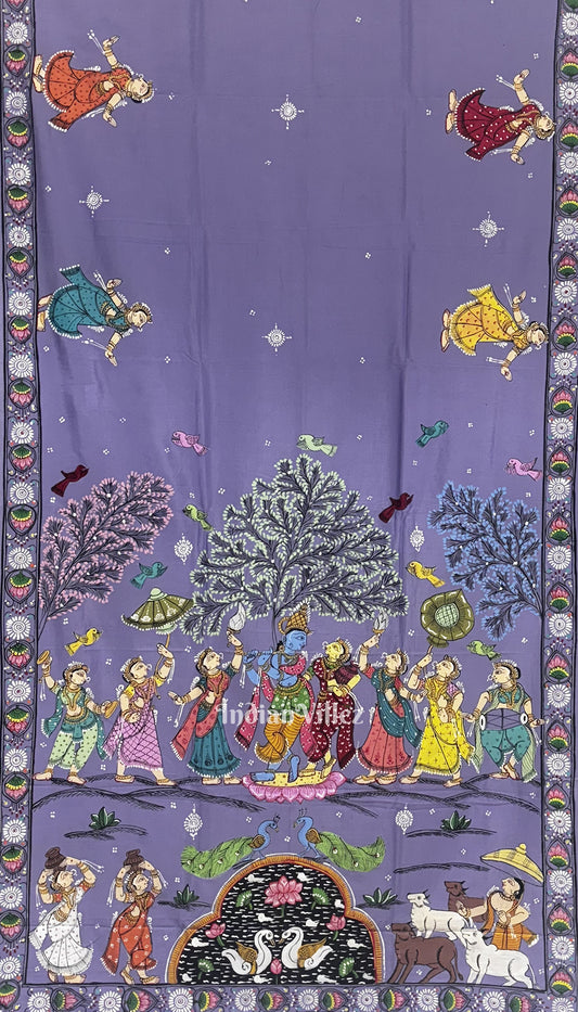 Lavender Radha Krishna Rasleela Pattachitra Khadi Silk Saree