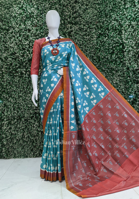 Aqua Blue with Red Odisha Handloom Theme Tree Contemporary Silk Saree