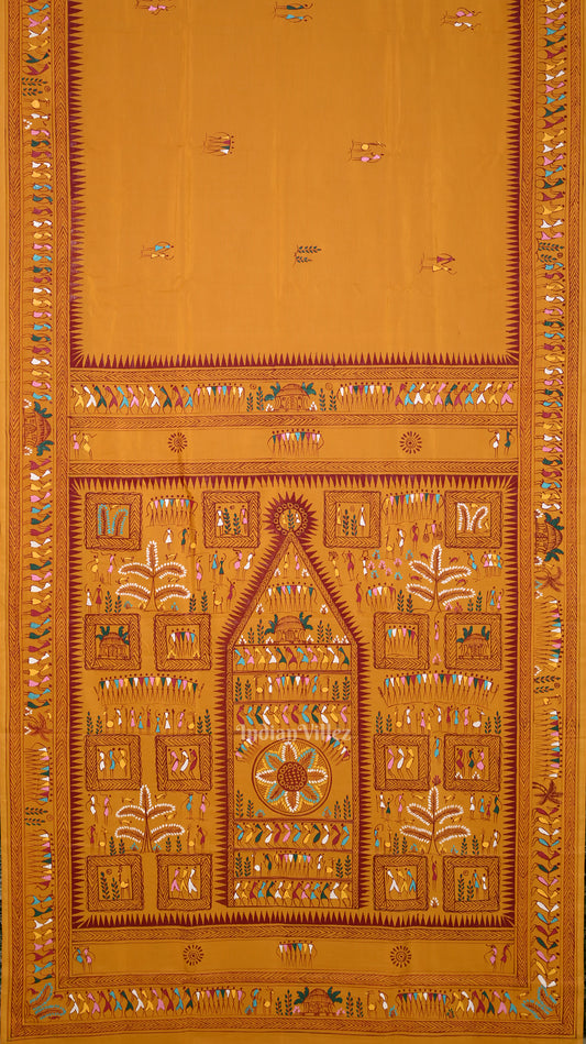 Yellow Saura Tribal Art Hand-Painted Pattachitra Saree