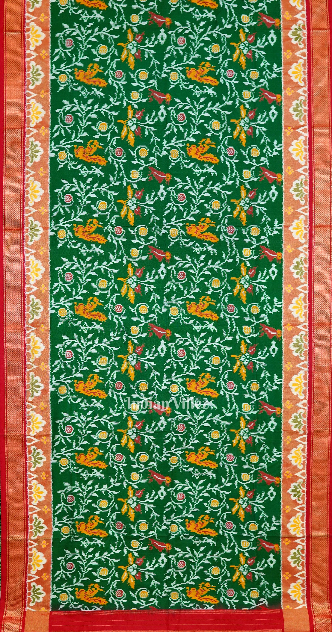 Red Green Nature Design Pochampally Ikat Silk Saree