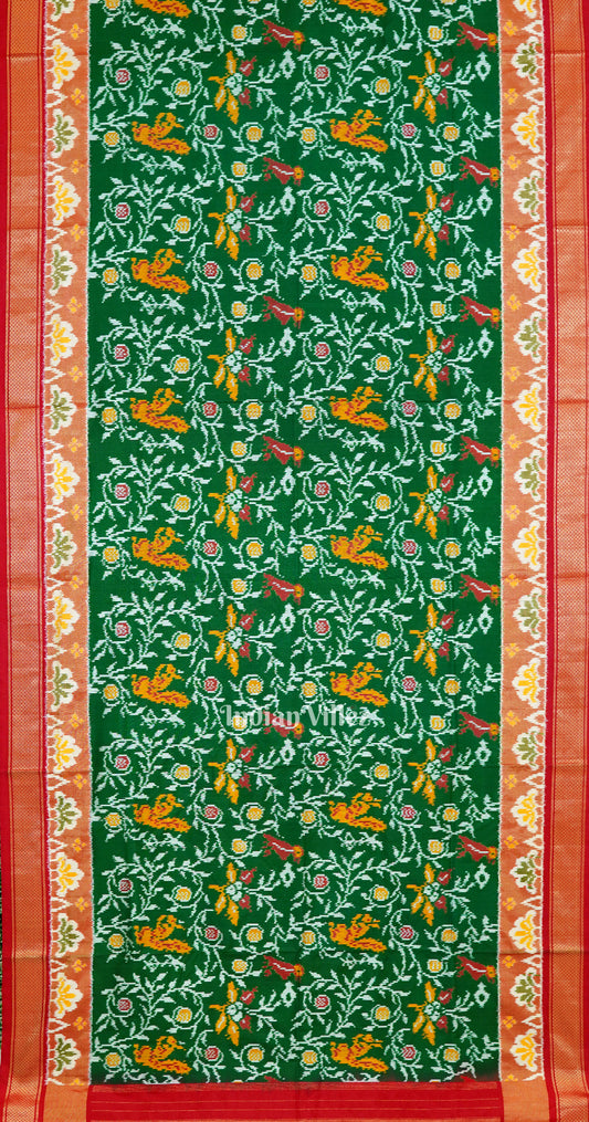 Red Green Nature Design Pochampally Ikat Silk Saree