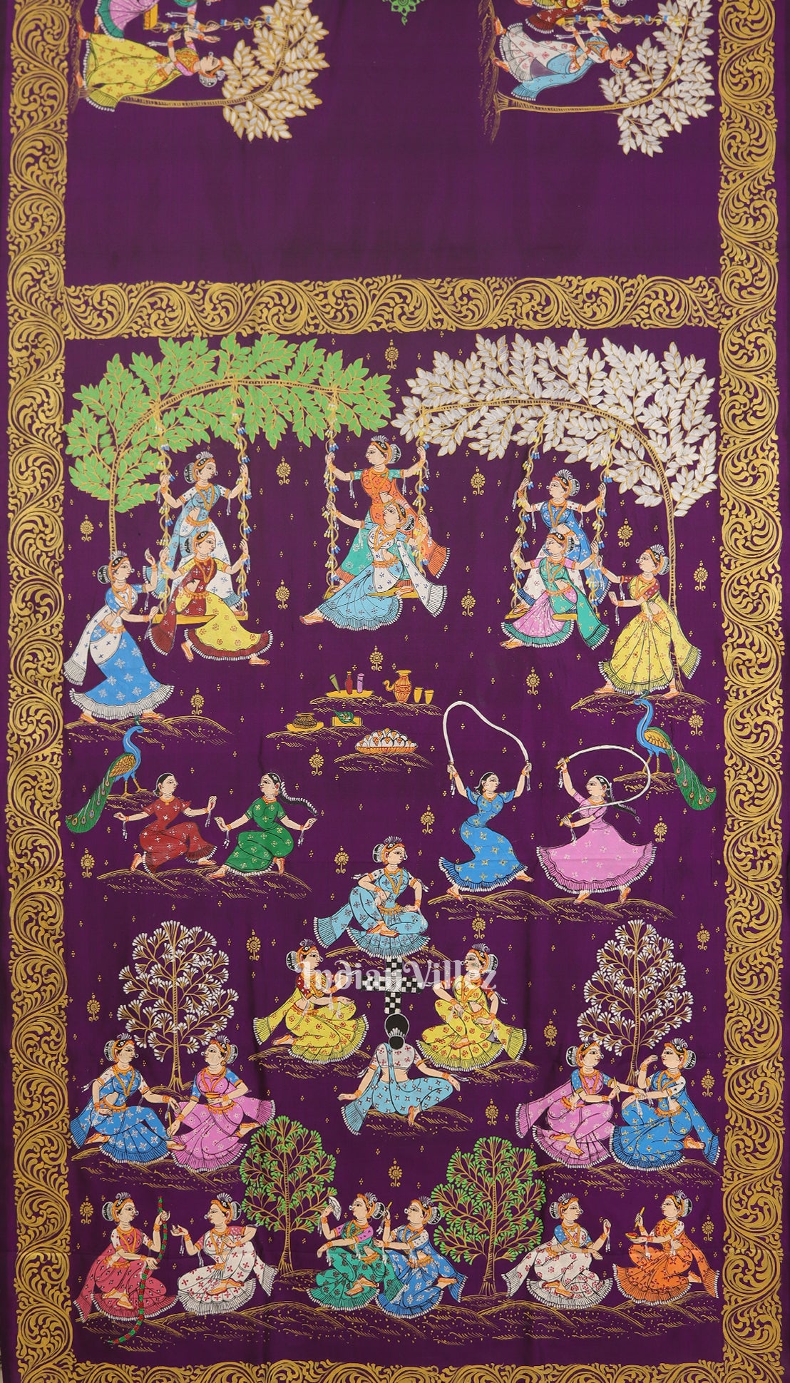 Parrot Green with Violet Raja Theme Pattachitra Silk Saree