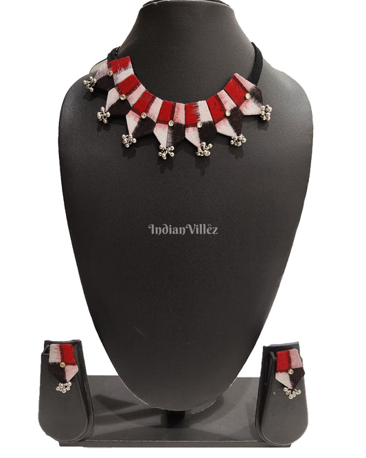 Red White Sambalpuri Fabric Choker Jewellery - Necklace & Earrings Set