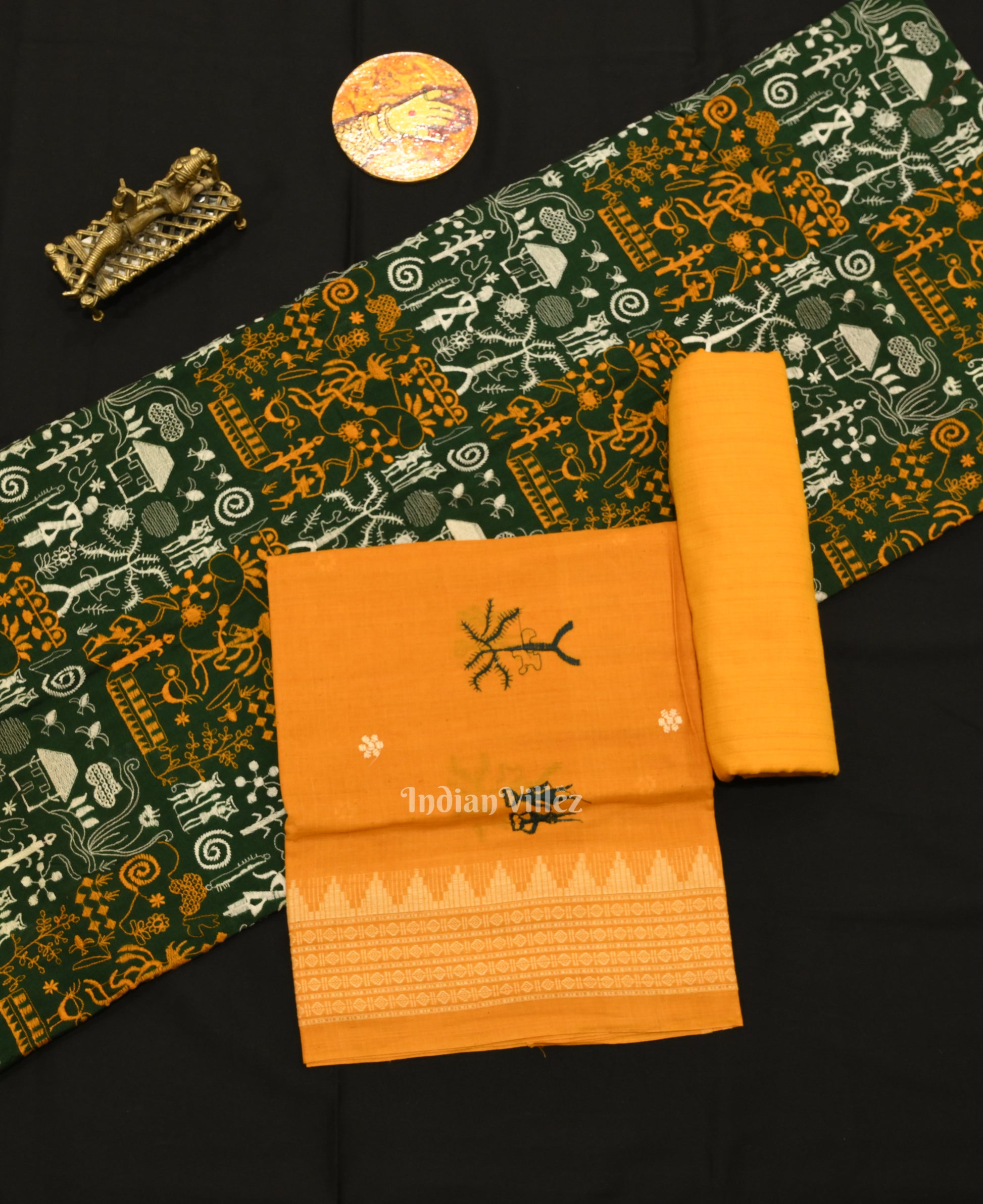 Dark Green Yellow Tribal Design  Sambalpuri Cotton Dress set with Dupatta