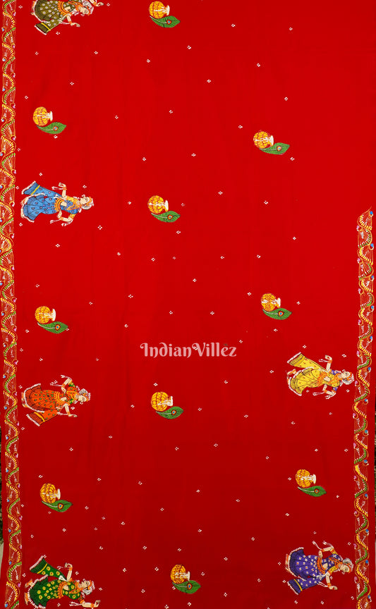 Teal And Red Krishna Radha With Boita Theme Pattachitra Silk Saree