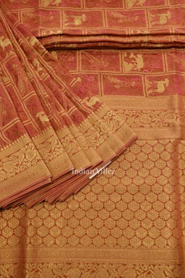 Baby Pink  Shikargah Theme Tissue Banarasi Silk Saree with Tassels