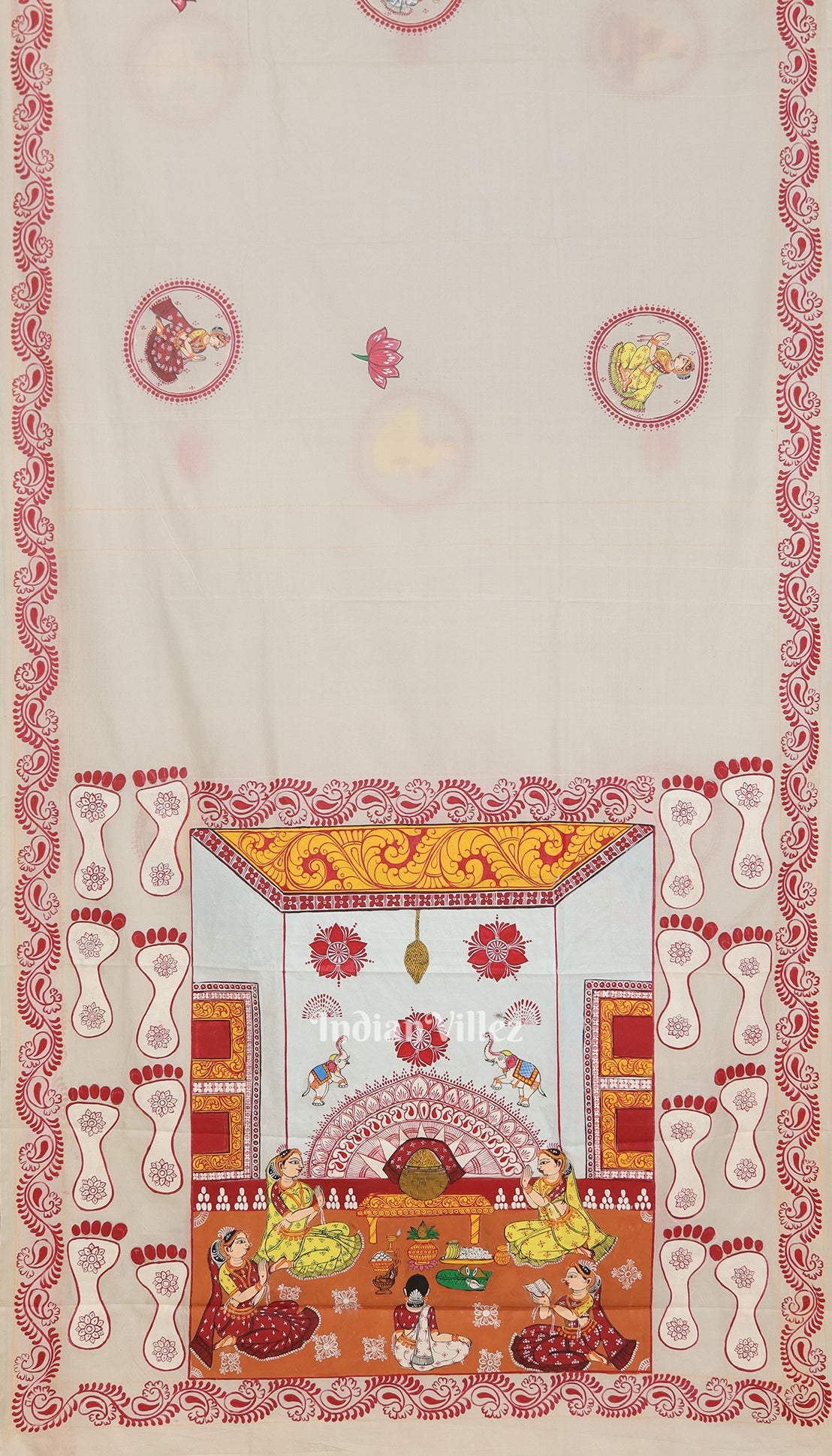 White Laxmi Puja Theme Pattachitra Silk Saree