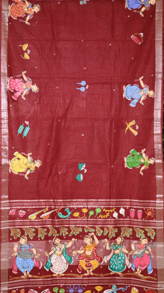 Maroon Nartaki Musical Theme  Hand-Painted Pattachitra Saree