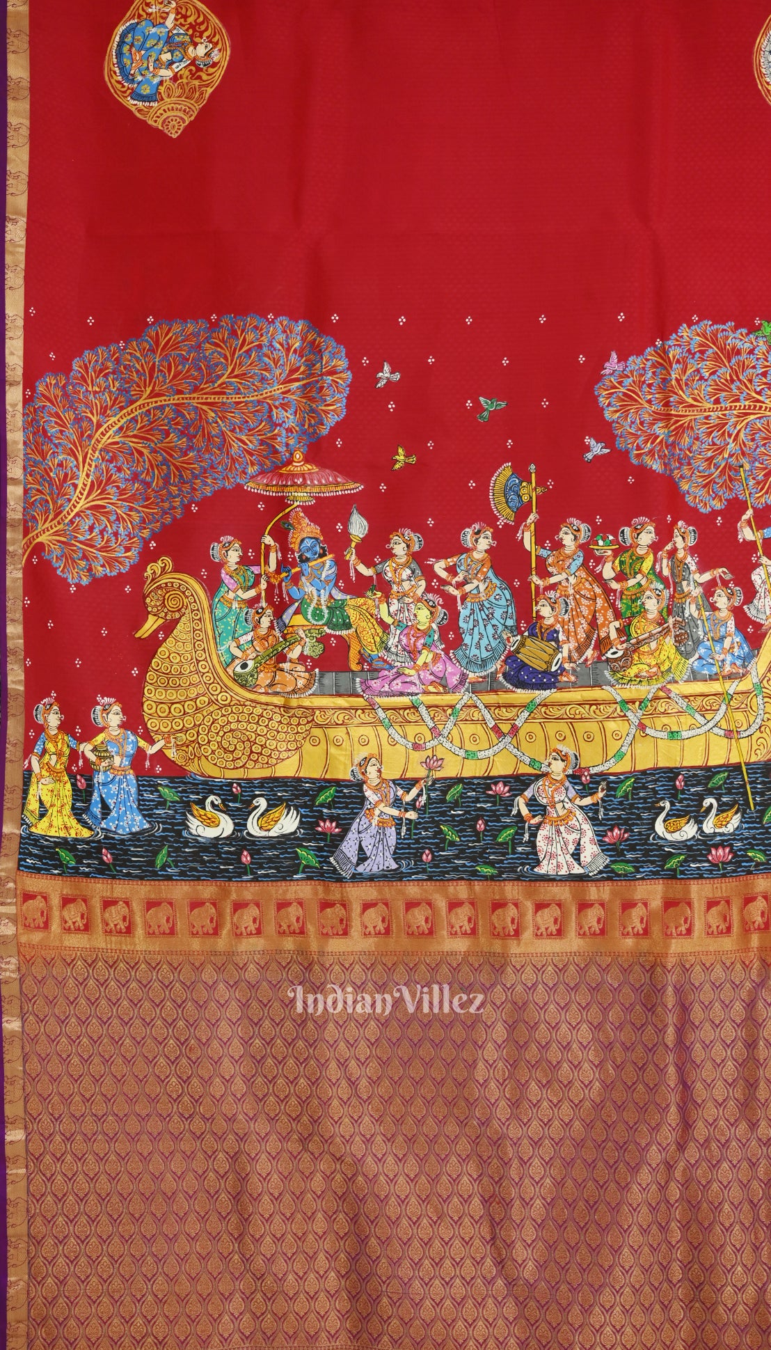 Red Radha Krishna Boita Theme Hand-Painted Pattachitra Saree