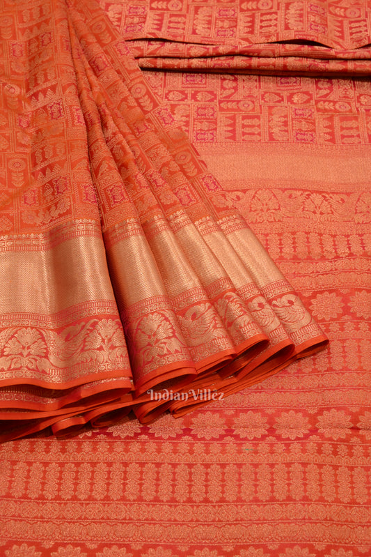 Orange Pink Dual Tone Pure Kanjivaram Silk Saree