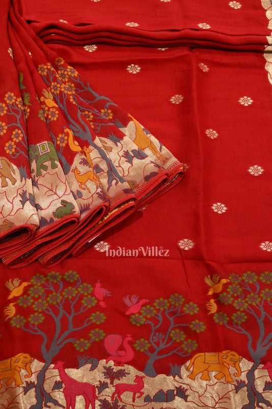 Deep Red Shikargah Theme Tussar Banarasi Handloom Silk Saree