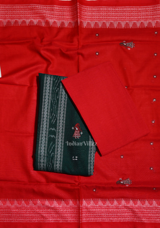 Green with Red Doll Odisha Ikat  Sambalpuri Dress Material & Dupatta