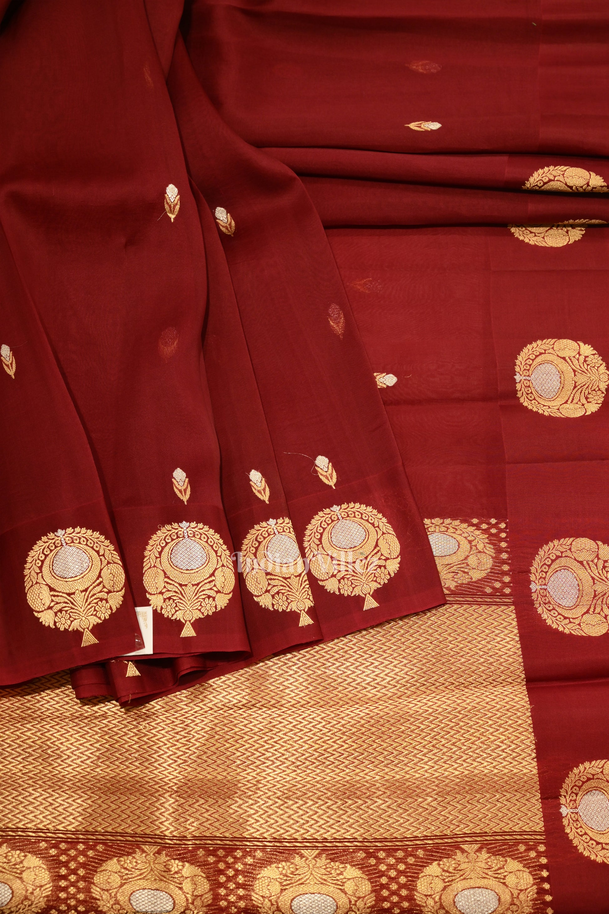 Deep Maroon Banarasi Katan Saree With Floral Handwork