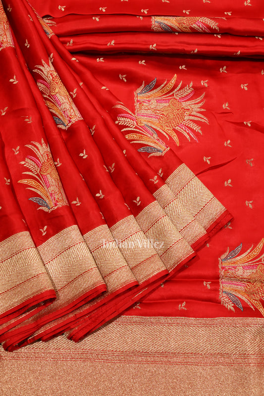 Deep Red Mashru Satin Satin Silk Banarasi Saree 