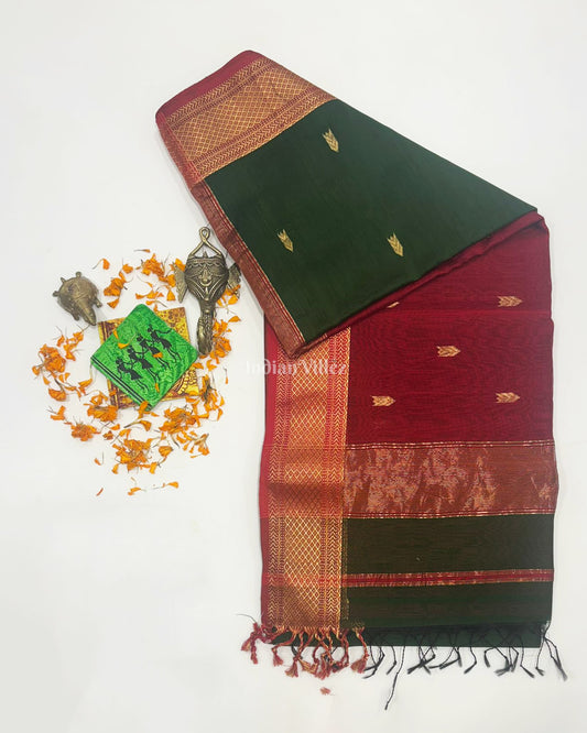 Bottle Green Butta Design Pure Silk Cotton Maheshwari Saree with Zari Border