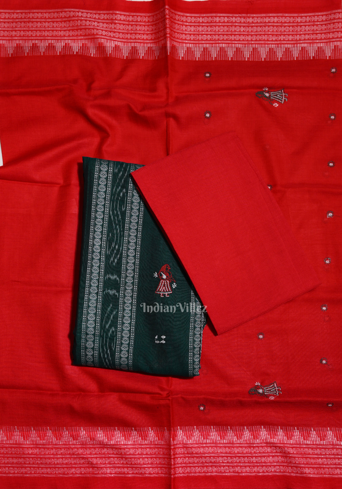 Green Red Odisha Ikat Sambalpuri Cotton Dress Materials with Dupatta